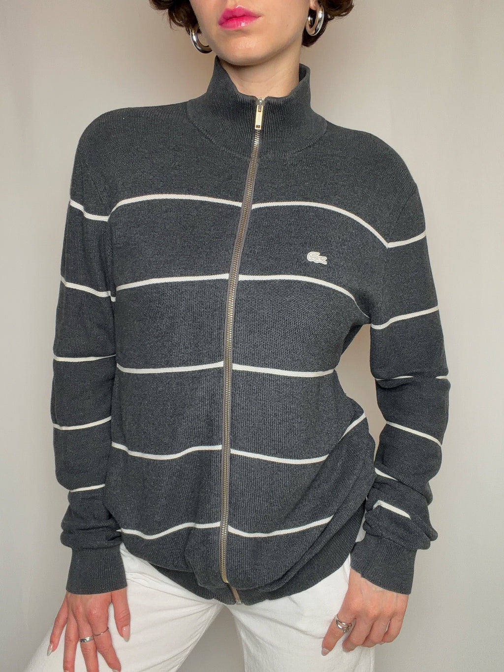graue Lacoste Strickjacke mit Reißverschluss M Vintage