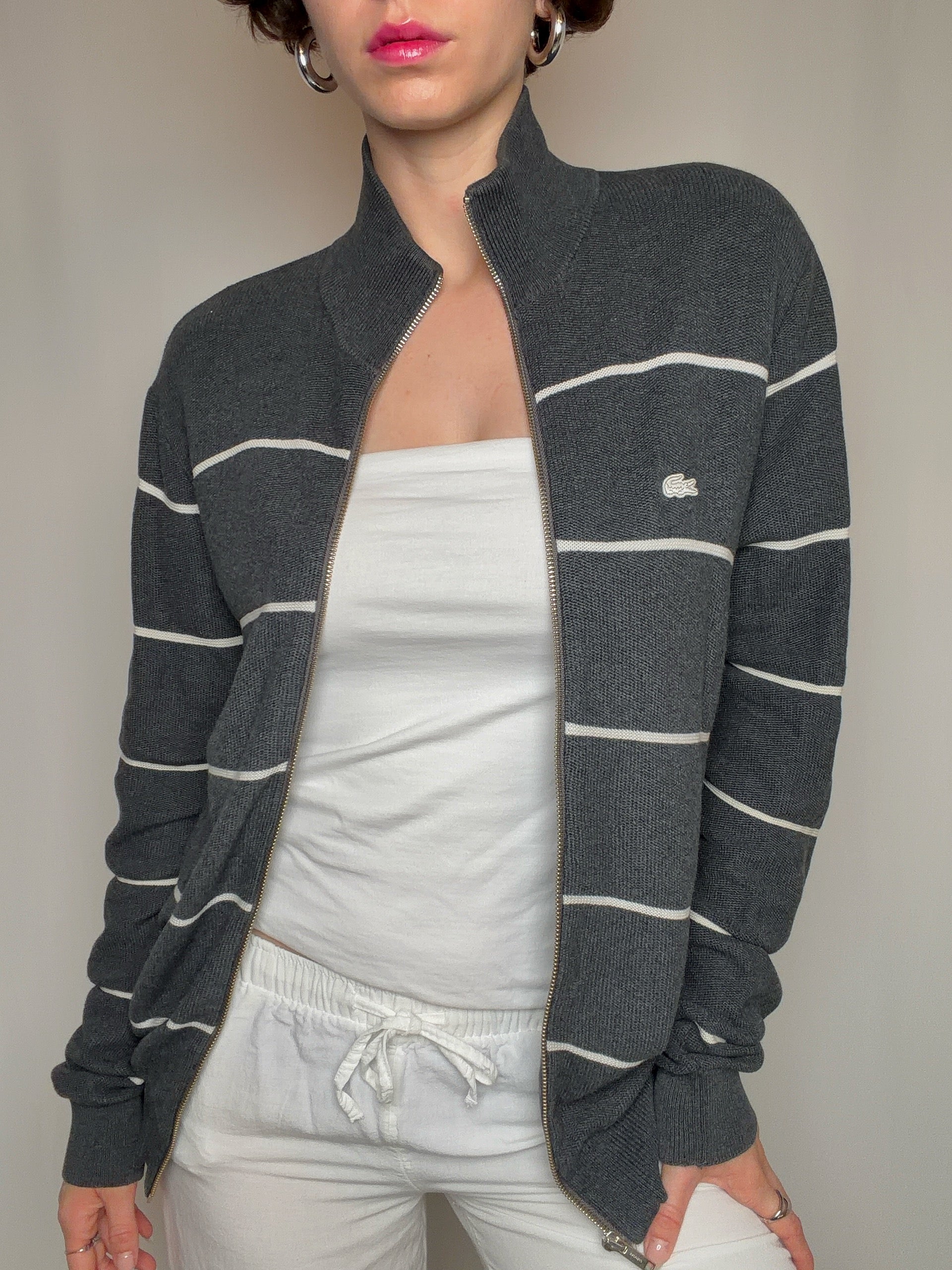 graue Lacoste Strickjacke mit Reißverschluss M Vintage