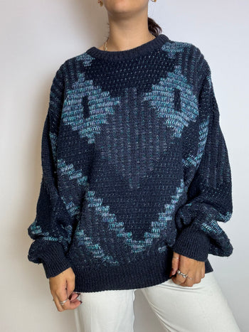 Blue wool sweater with vintage patterns M/L 