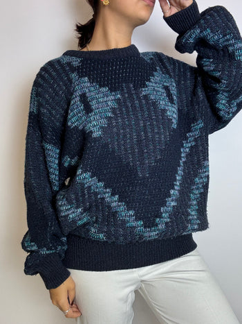 Blue wool sweater with vintage patterns M/L 