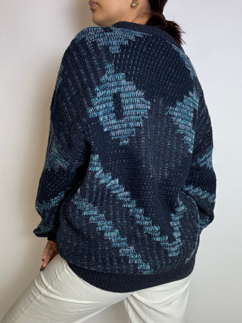 Blue wool sweater with vintage patterns M/L 