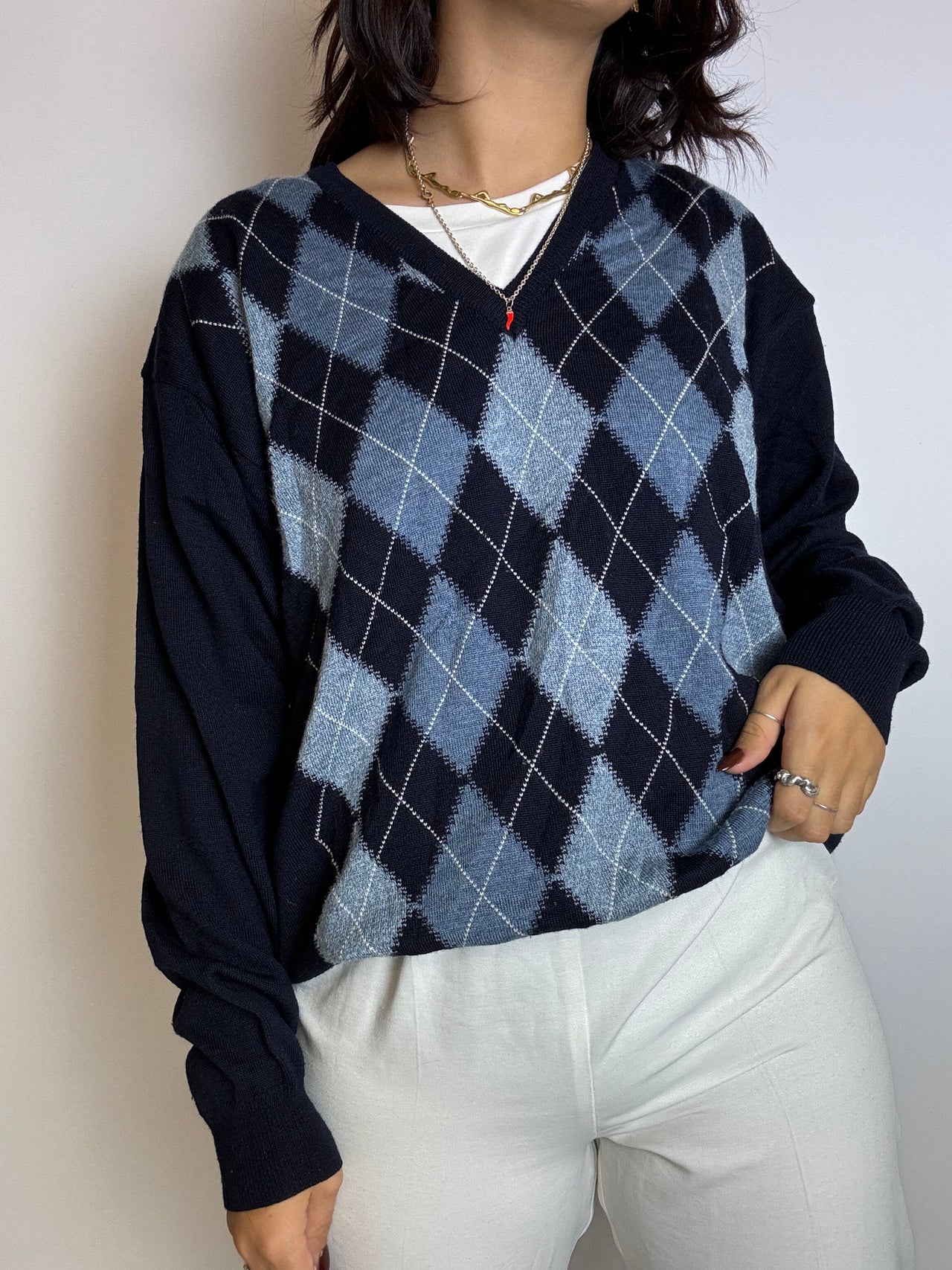 Blue vintage checked wool sweater S/M