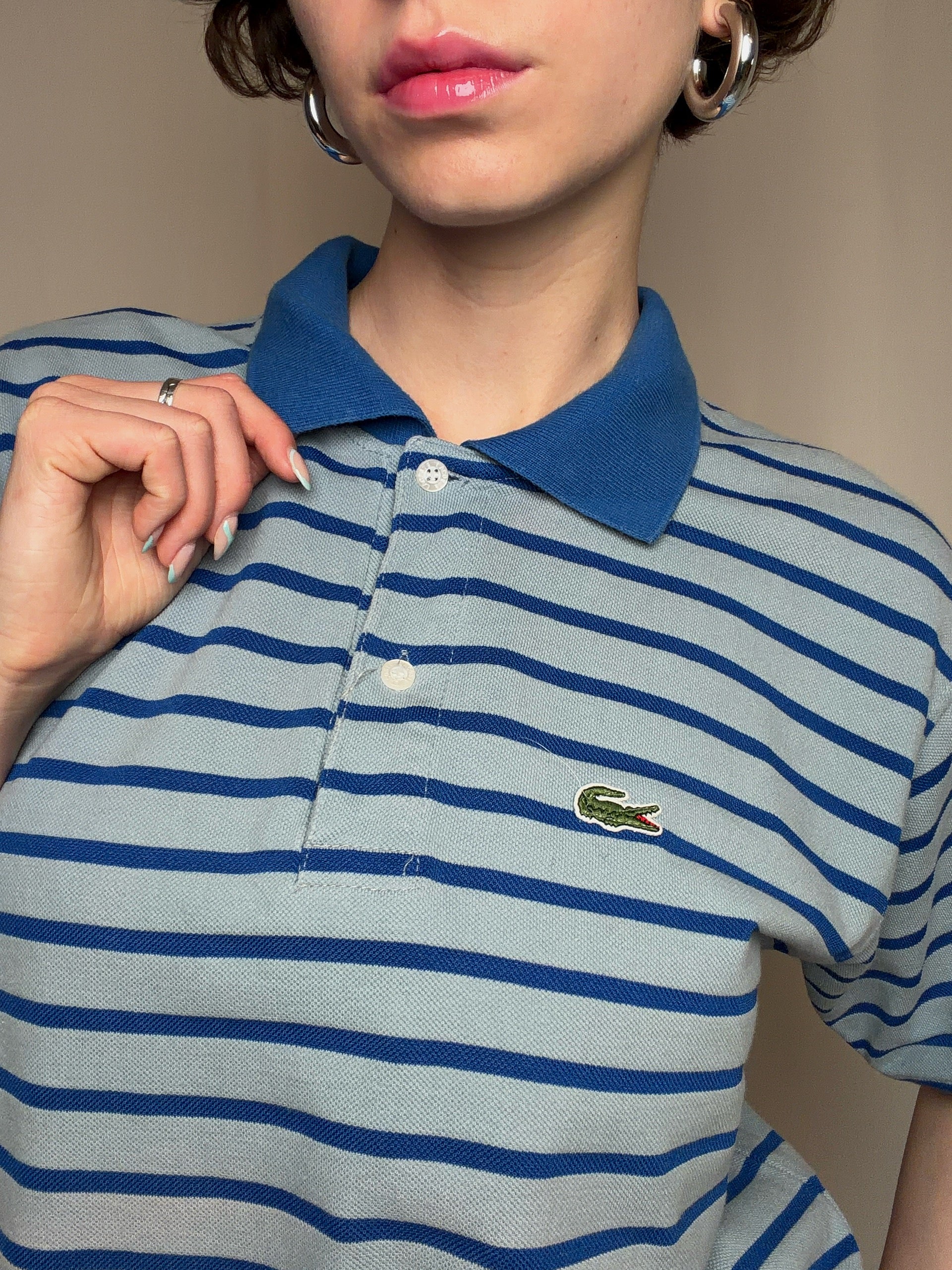 Gestreiftes Polohemd in Grau und Blau, Lacoste XXL Vintage