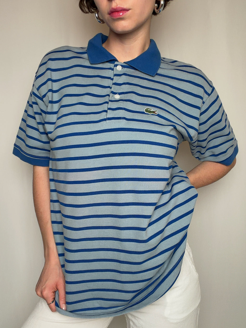 Gestreiftes Polohemd in Grau und Blau, Lacoste XXL Vintage