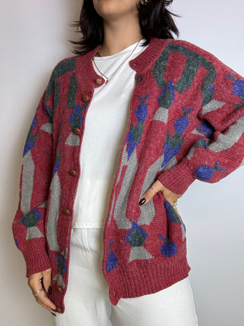 Cardigan en laine rouge vintage L