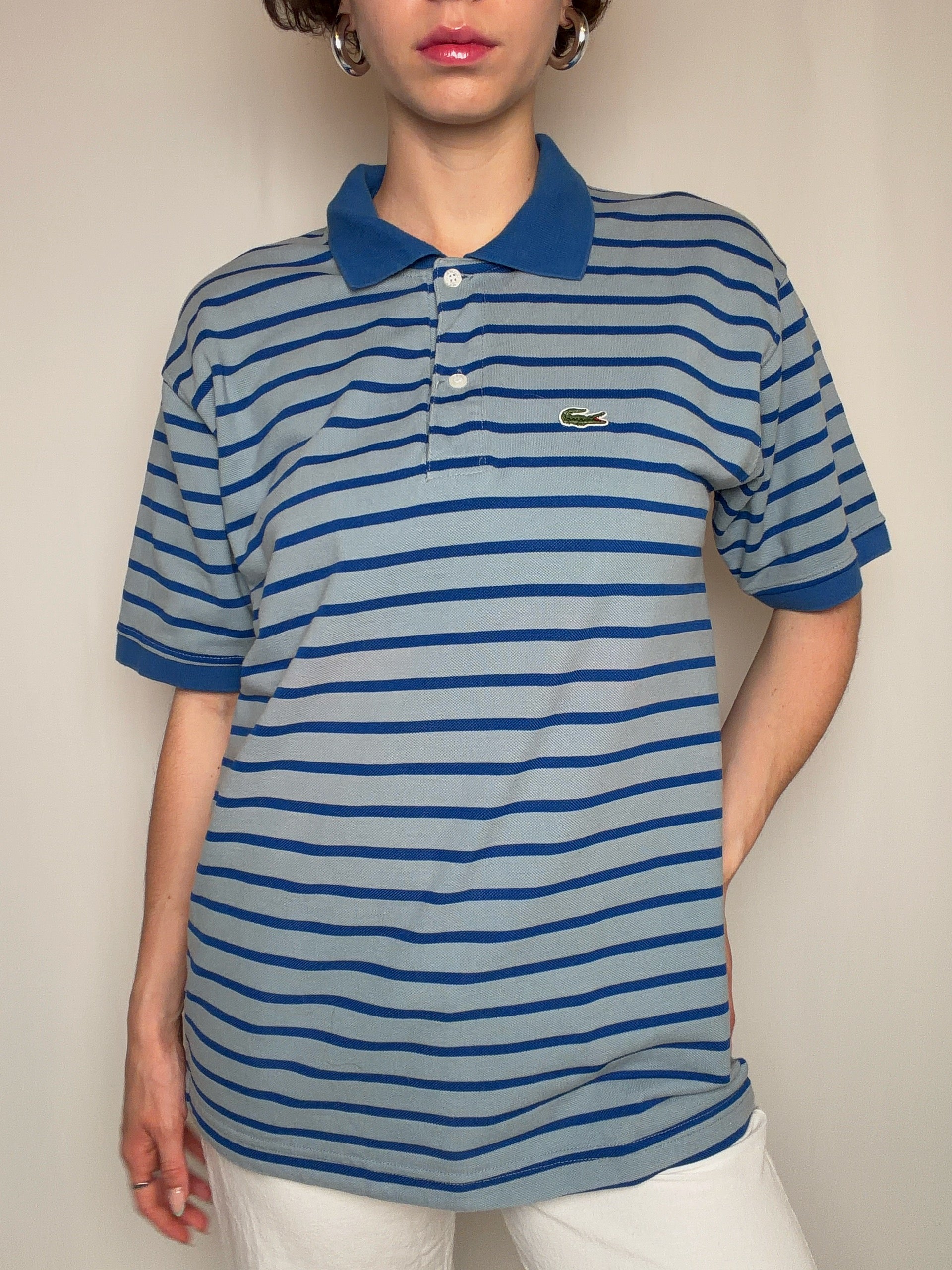 Gestreiftes Polohemd in Grau und Blau, Lacoste XXL Vintage