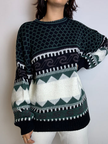 Vintage green and blue patterned sweater M