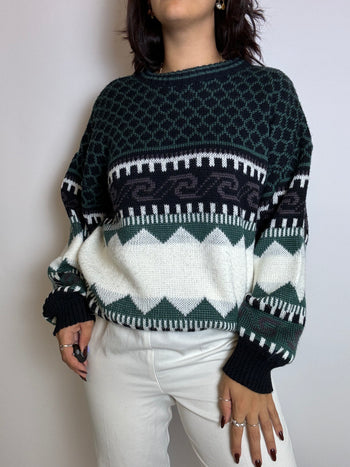 Vintage green and blue patterned sweater M