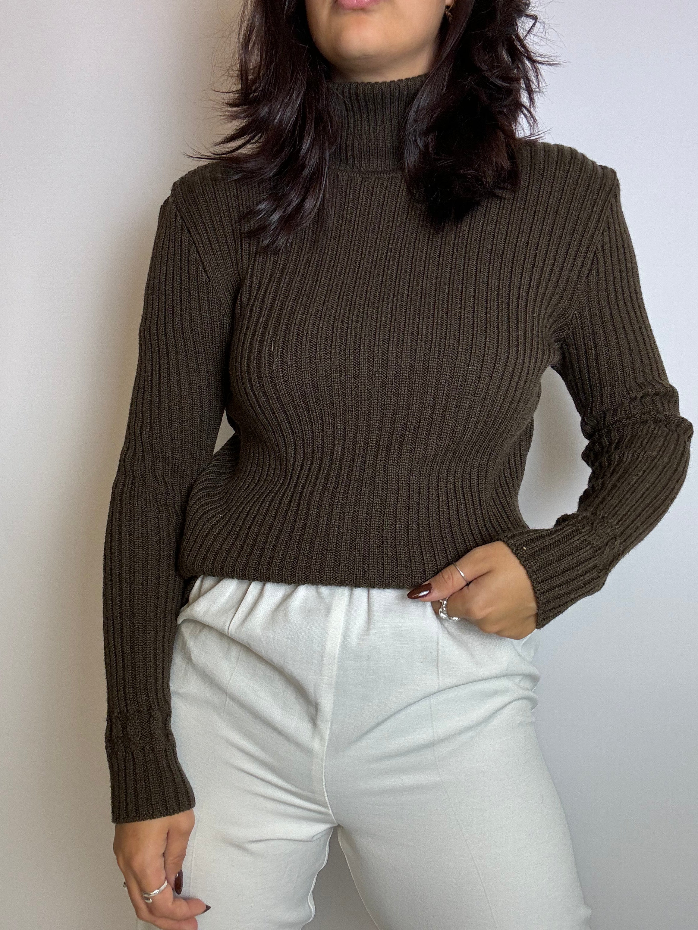 Col roulé brun en laine vintage S/M