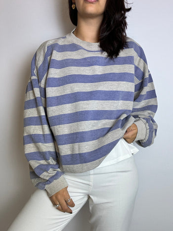 Pull sweat rayé gris et bleu vintage L