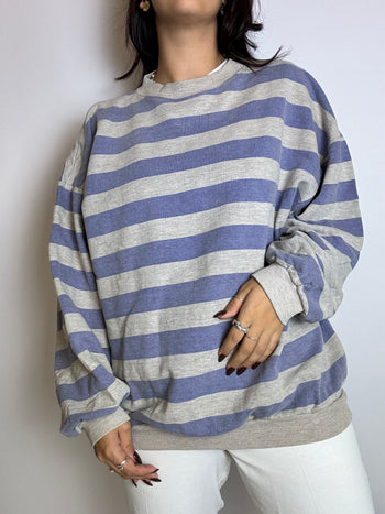 Pull sweat rayé gris et bleu vintage L