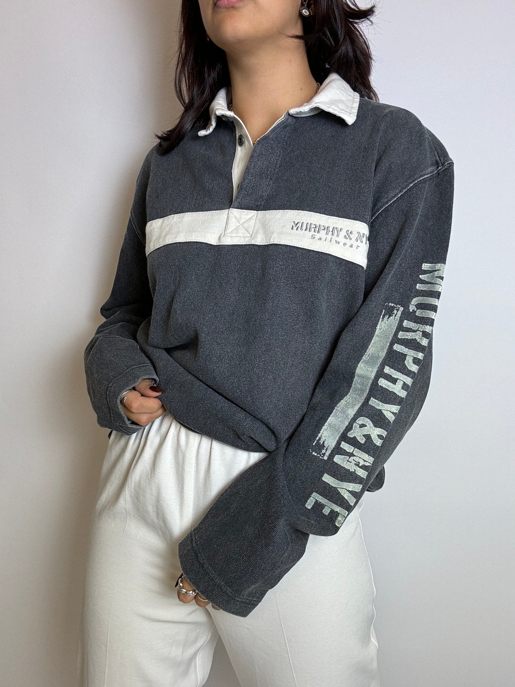 XL Vintage-Pullover aus grauer Baumwolle mit Kragen 