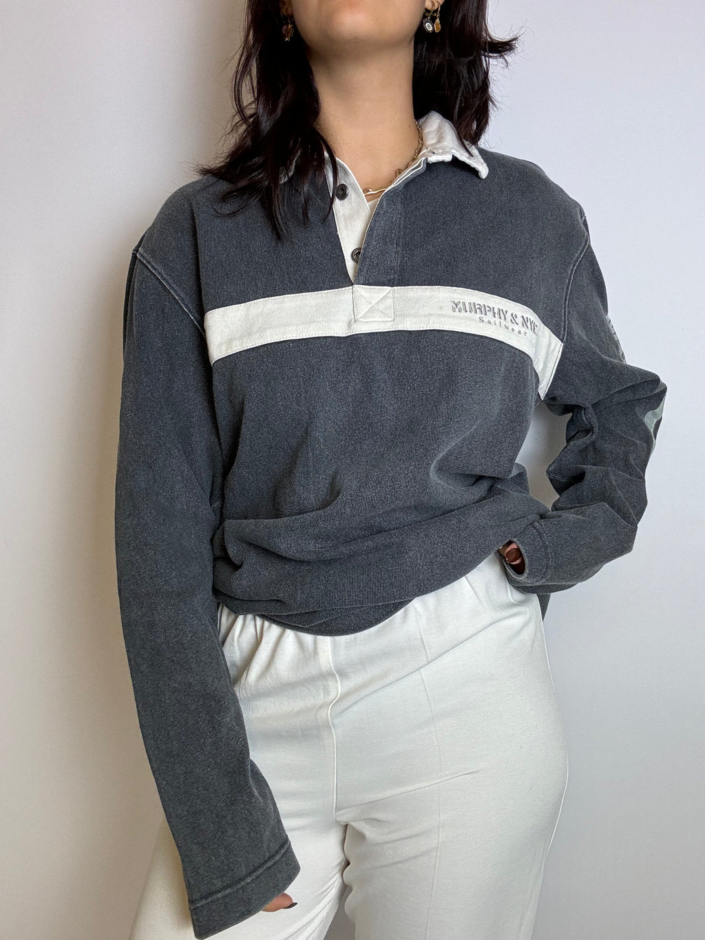 XL Vintage-Pullover aus grauer Baumwolle mit Kragen 