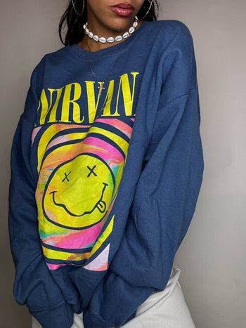 Sweat col rond bleu NIRVANA XL vintage