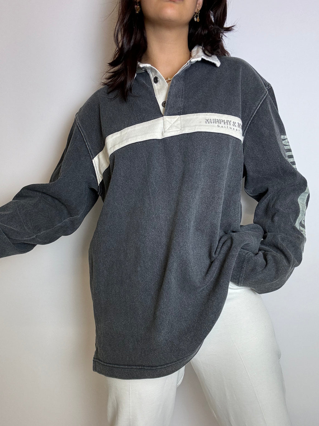 XL Vintage-Pullover aus grauer Baumwolle mit Kragen 