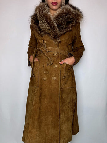 Manteau en daim long avec col en vraie fourrure S vintage
