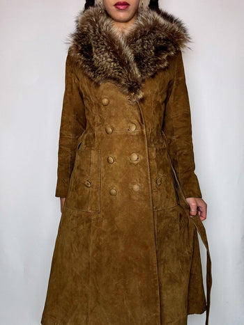 Manteau en daim long avec col en vraie fourrure S vintage