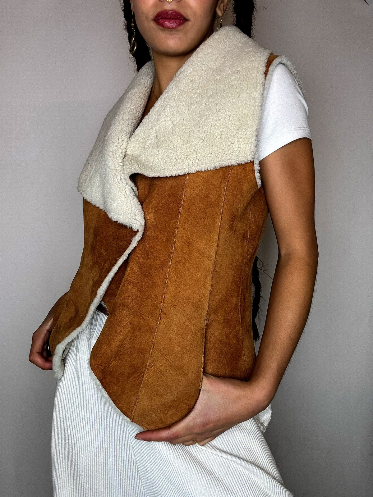 Gilet en peau de mouton retourné camel M/L vintage