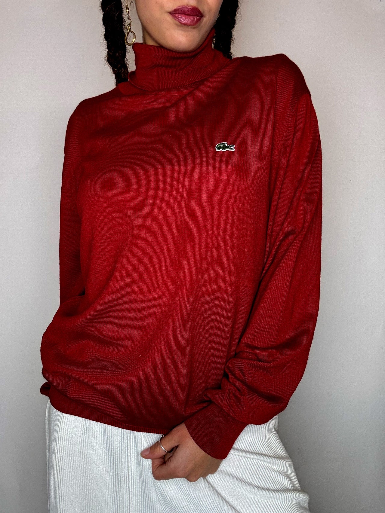 Pull a col roulé rouge LACOSTE M vintage
