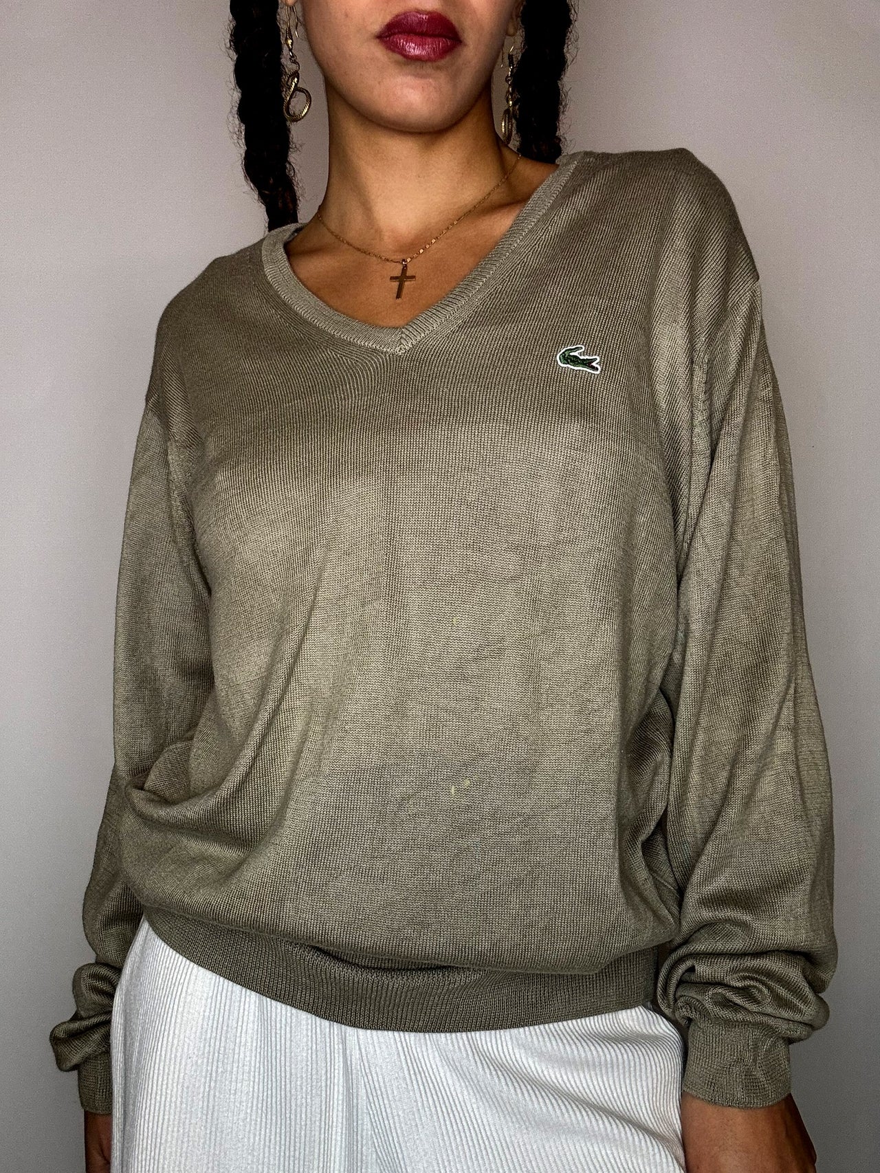 Pull en coton kaki LACOSTE M vintage