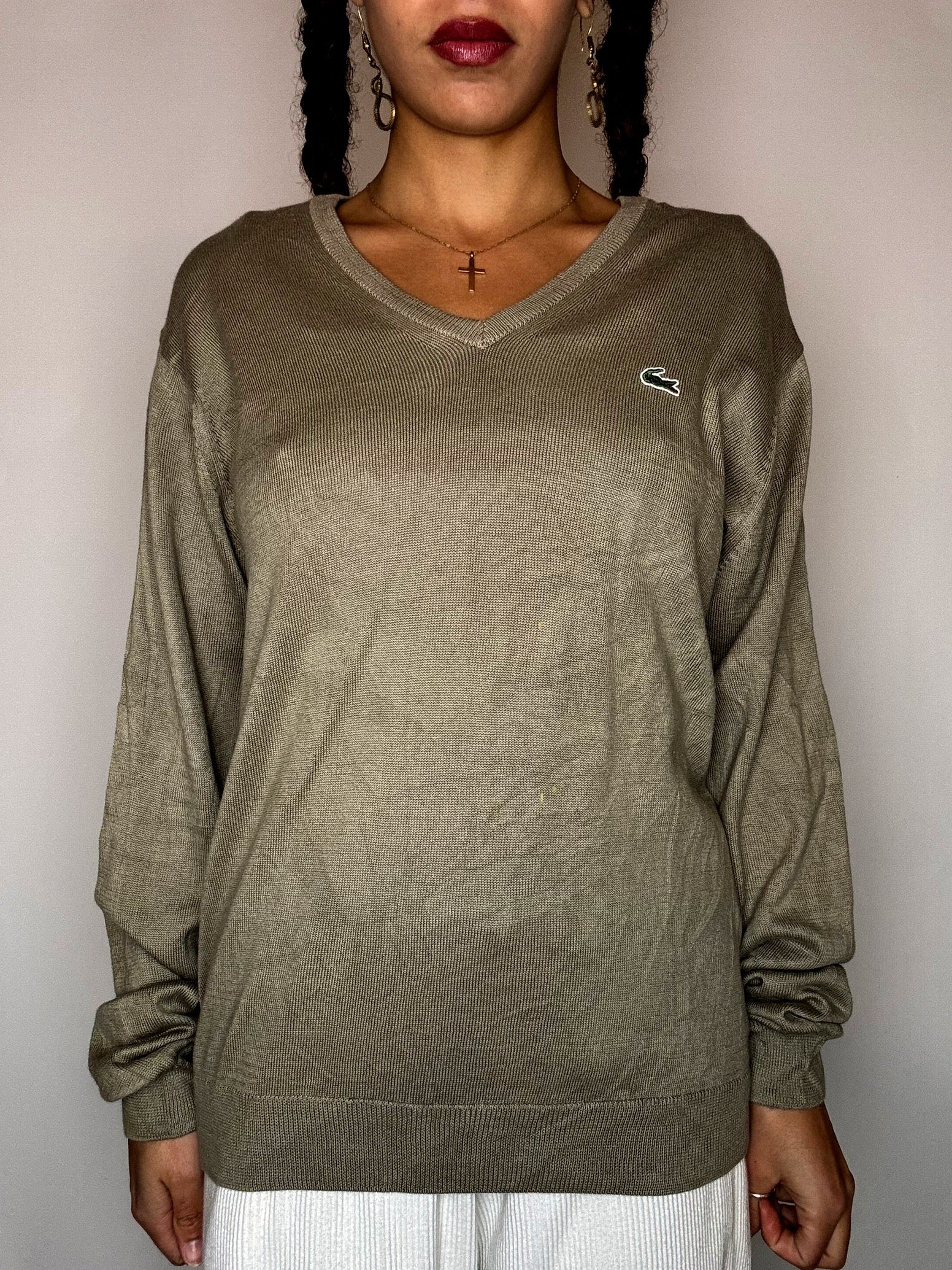 Pull en coton kaki LACOSTE M vintage