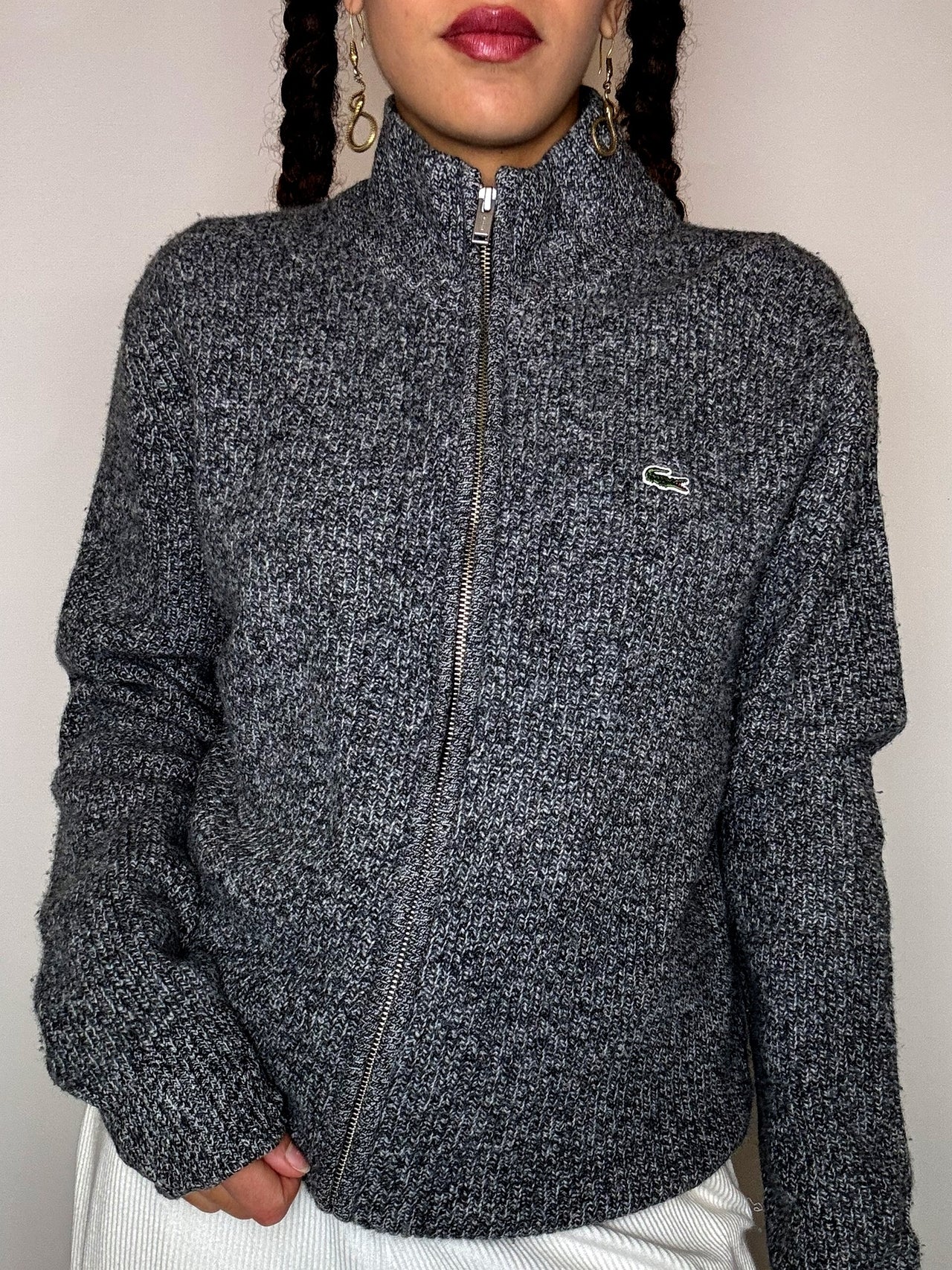 Cardigan gris en laine LACOSTE M vintage