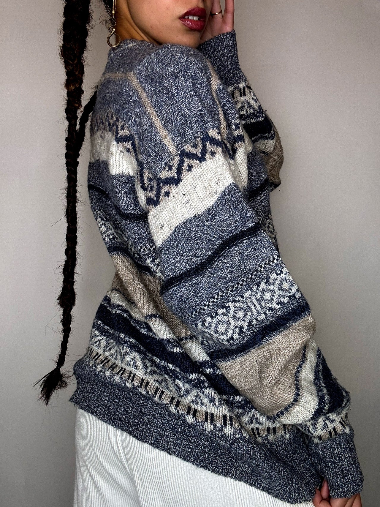 Pull à motif gris et bleu LACOSTE S/M vintage