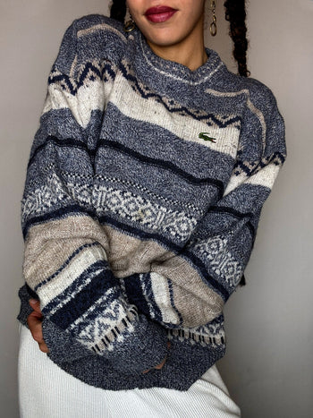 Pull à motif gris et bleu LACOSTE S/M vintage