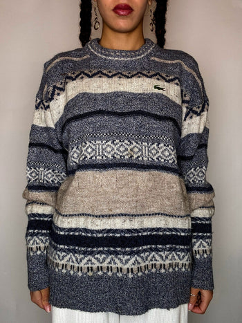 Pull à motif gris et bleu LACOSTE S/M vintage