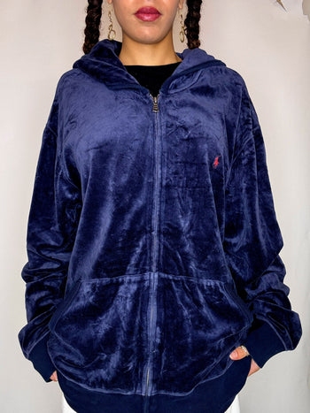 Hoodie zippé en velours marine RALPH LAUREN XXL vintage