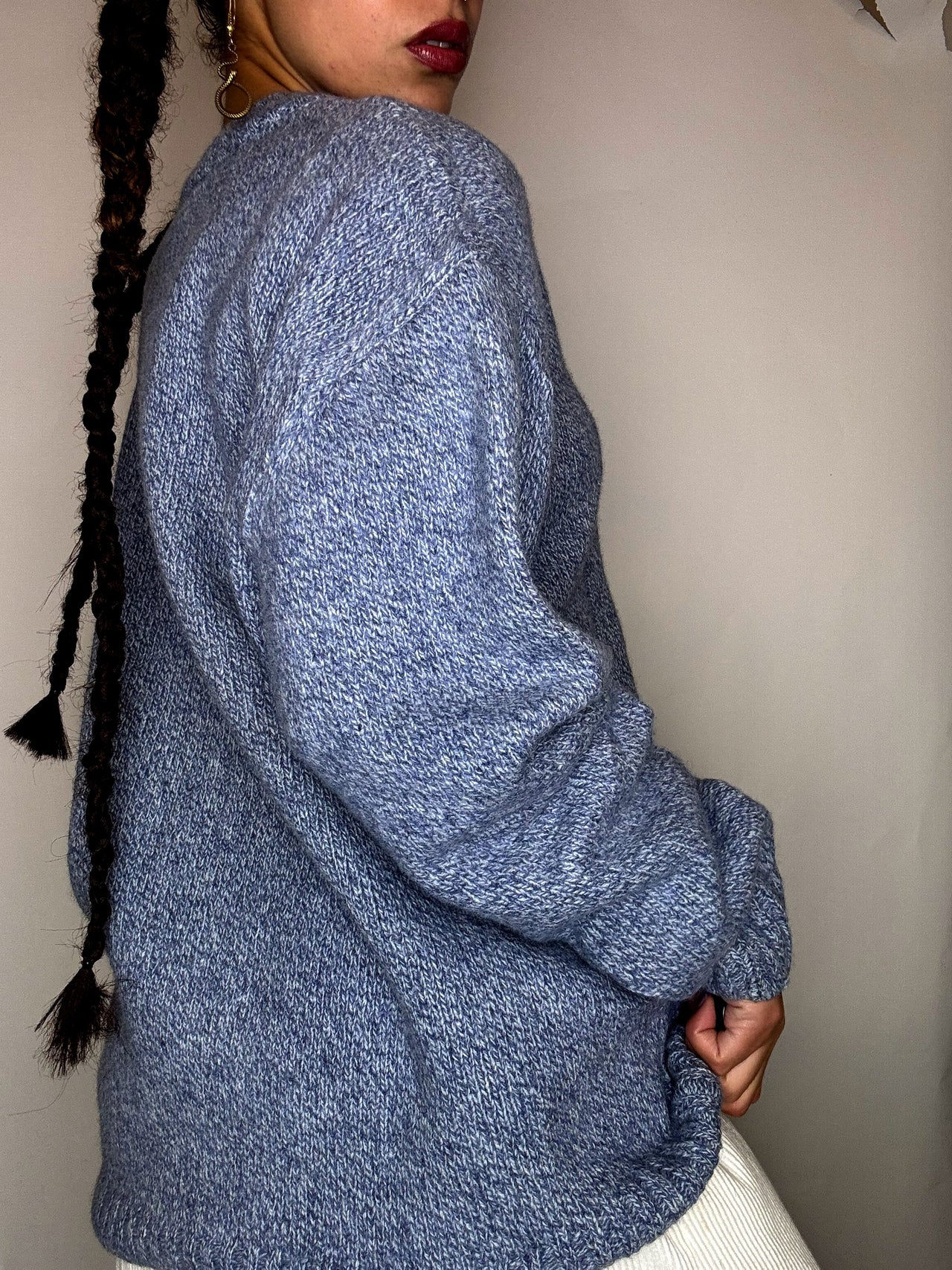 Pull a col rond bleu ciel tressé LACOSTE L/XL vintage