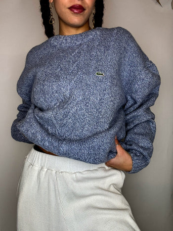 Pull a col rond bleu ciel tressé LACOSTE L/XL vintage