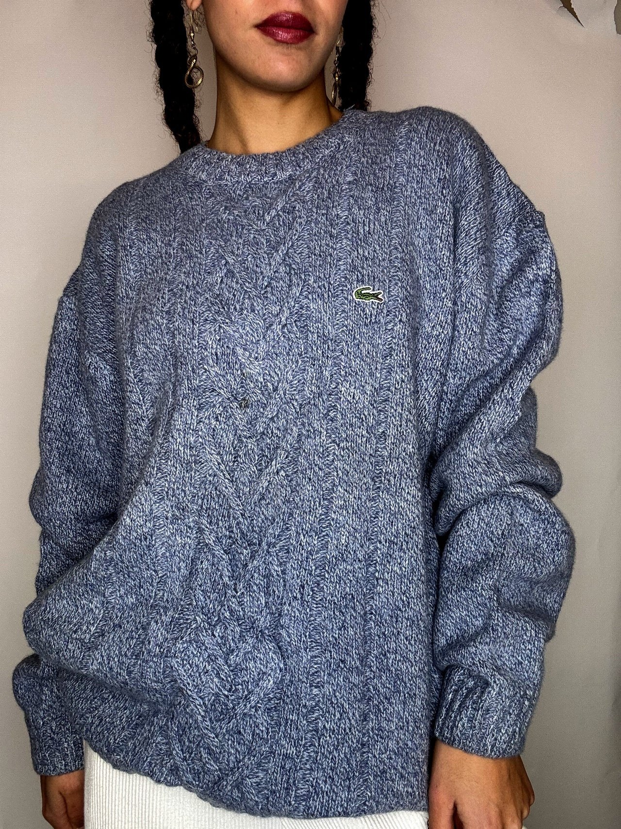 Pull a col rond bleu ciel tressé LACOSTE L/XL vintage