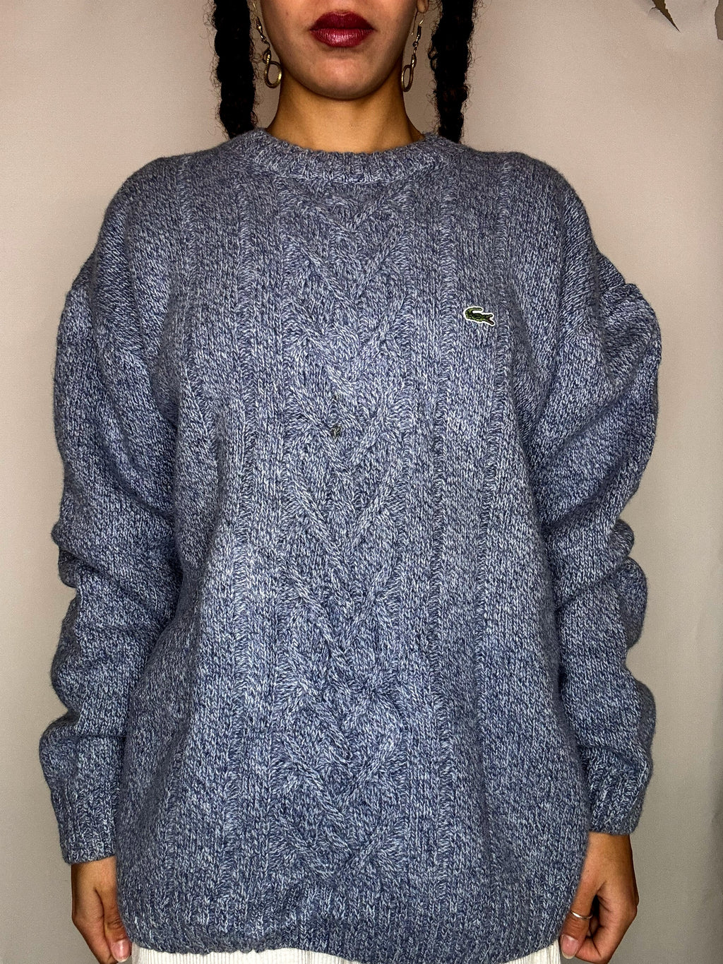 Pull a col rond bleu ciel tressé LACOSTE L/XL vintage