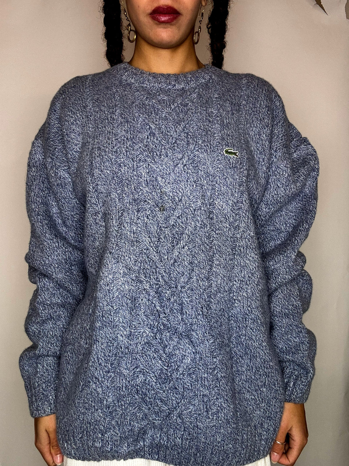 Pull a col rond bleu ciel tressé LACOSTE L/XL vintage