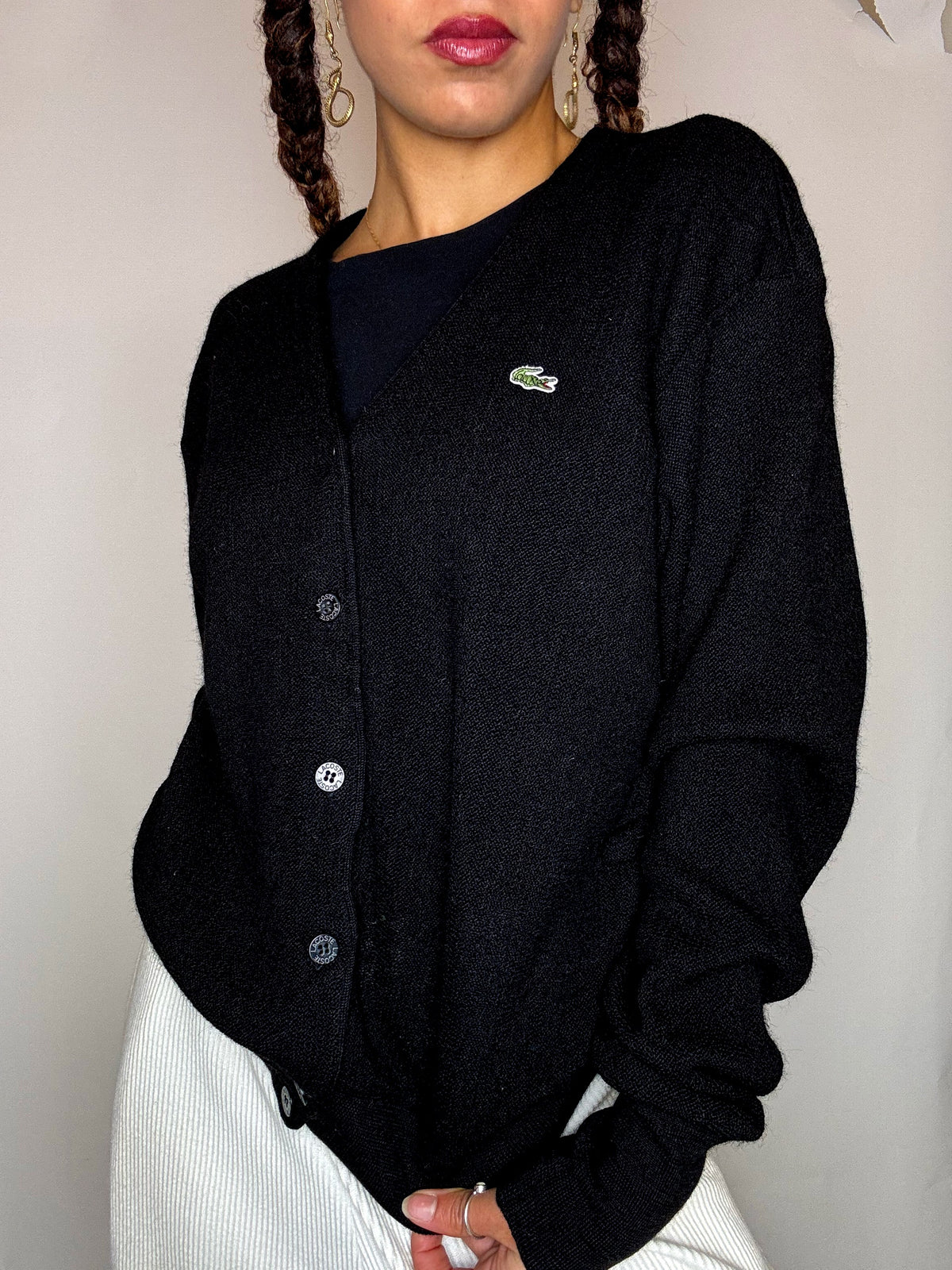 Vintage LACOSTE M schwarze Wollstrickjacke