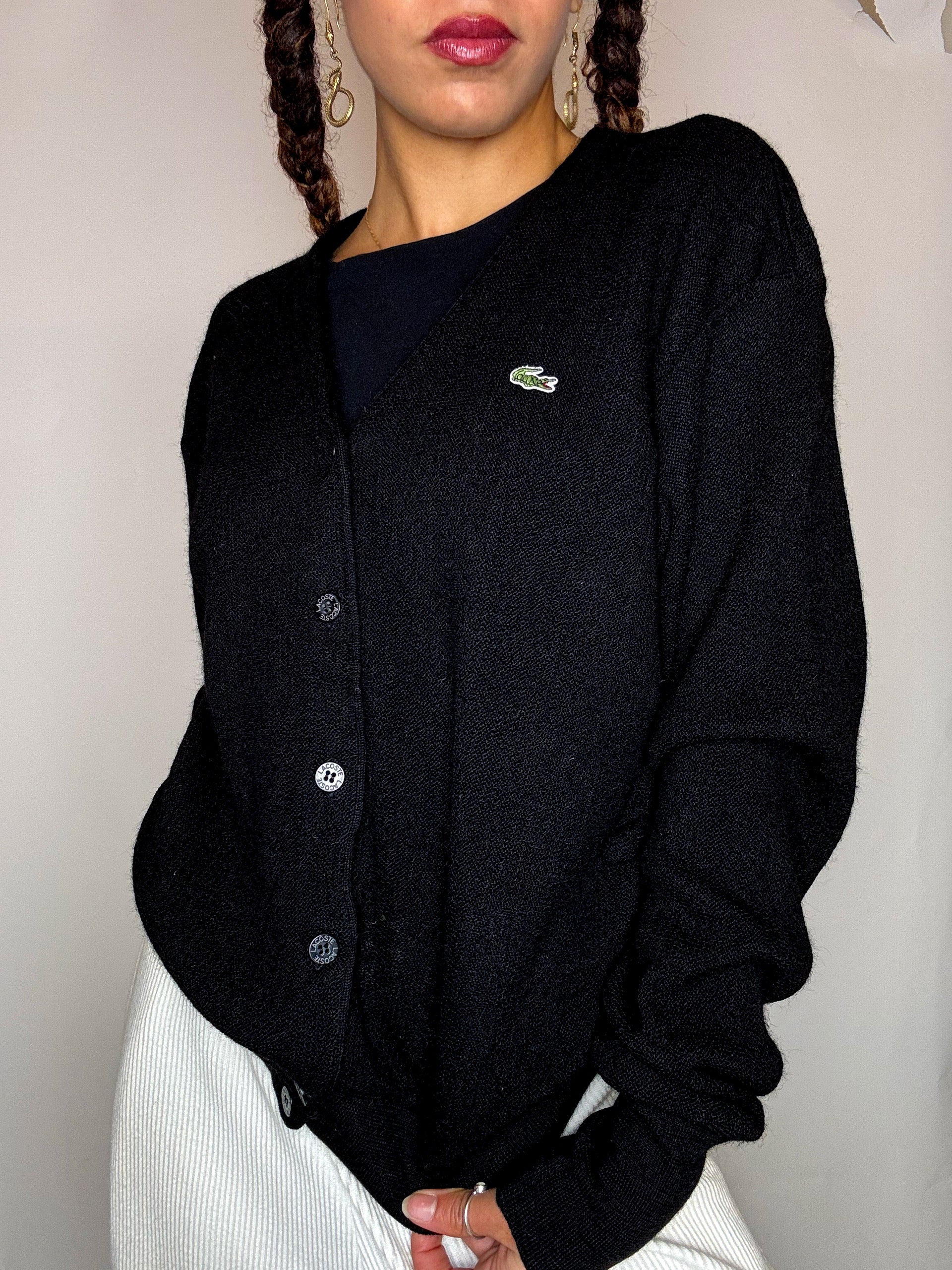 Vintage LACOSTE M schwarze Wollstrickjacke