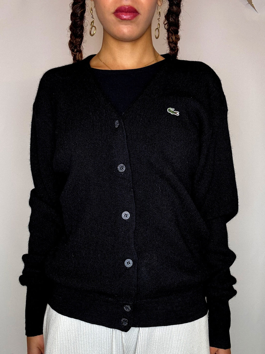 Vintage LACOSTE M schwarze Wollstrickjacke