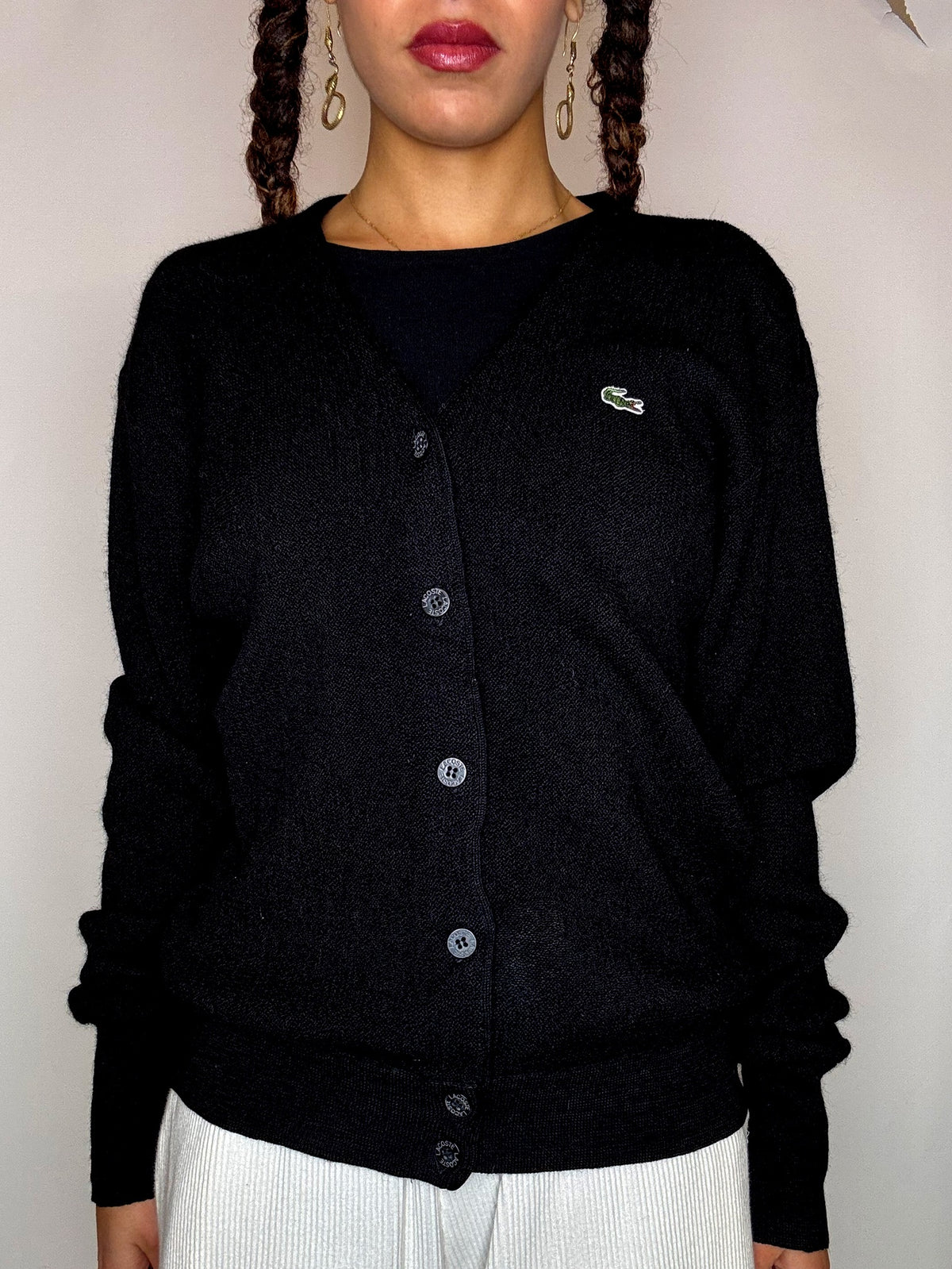 Vintage LACOSTE M schwarze Wollstrickjacke