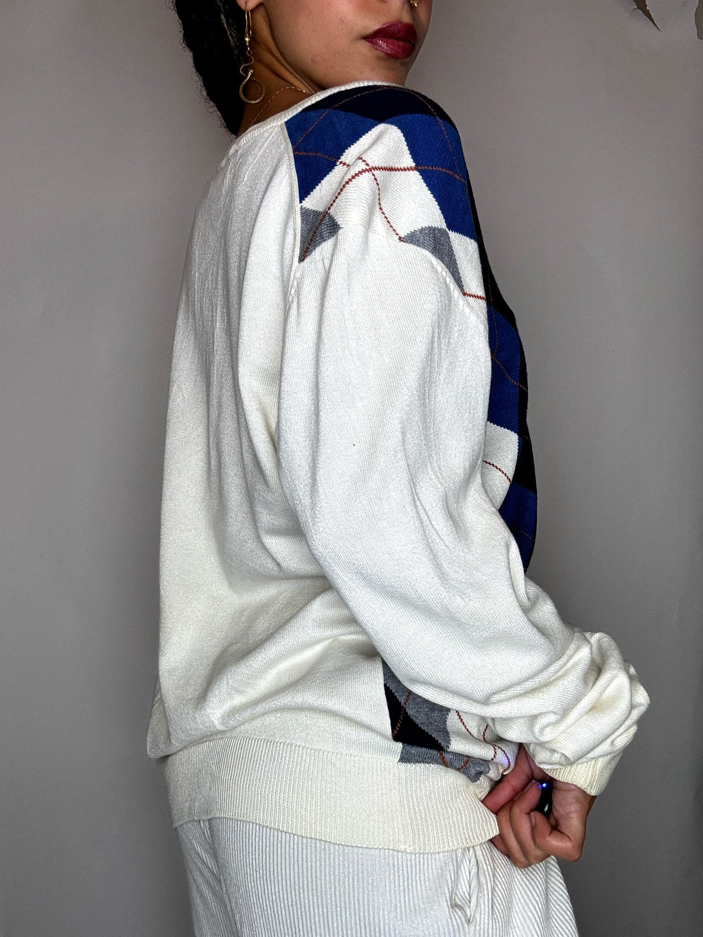 Vintage Lacoste Pullover in Creme mit Argyle-Muster, Größe M