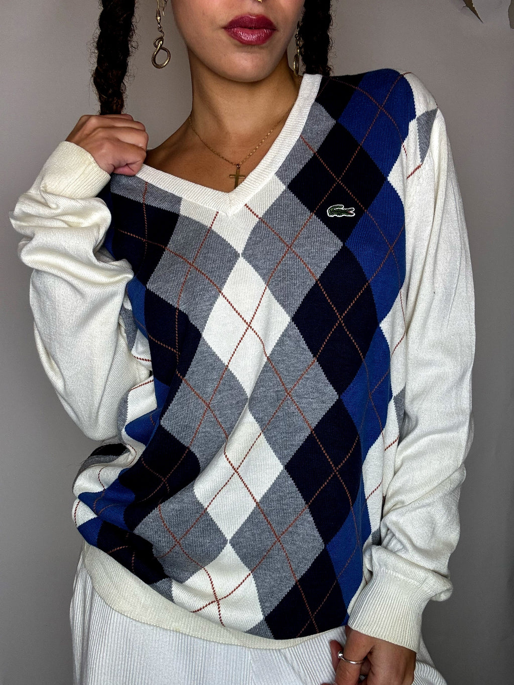 Vintage Lacoste Pullover in Creme mit Argyle-Muster, Größe M