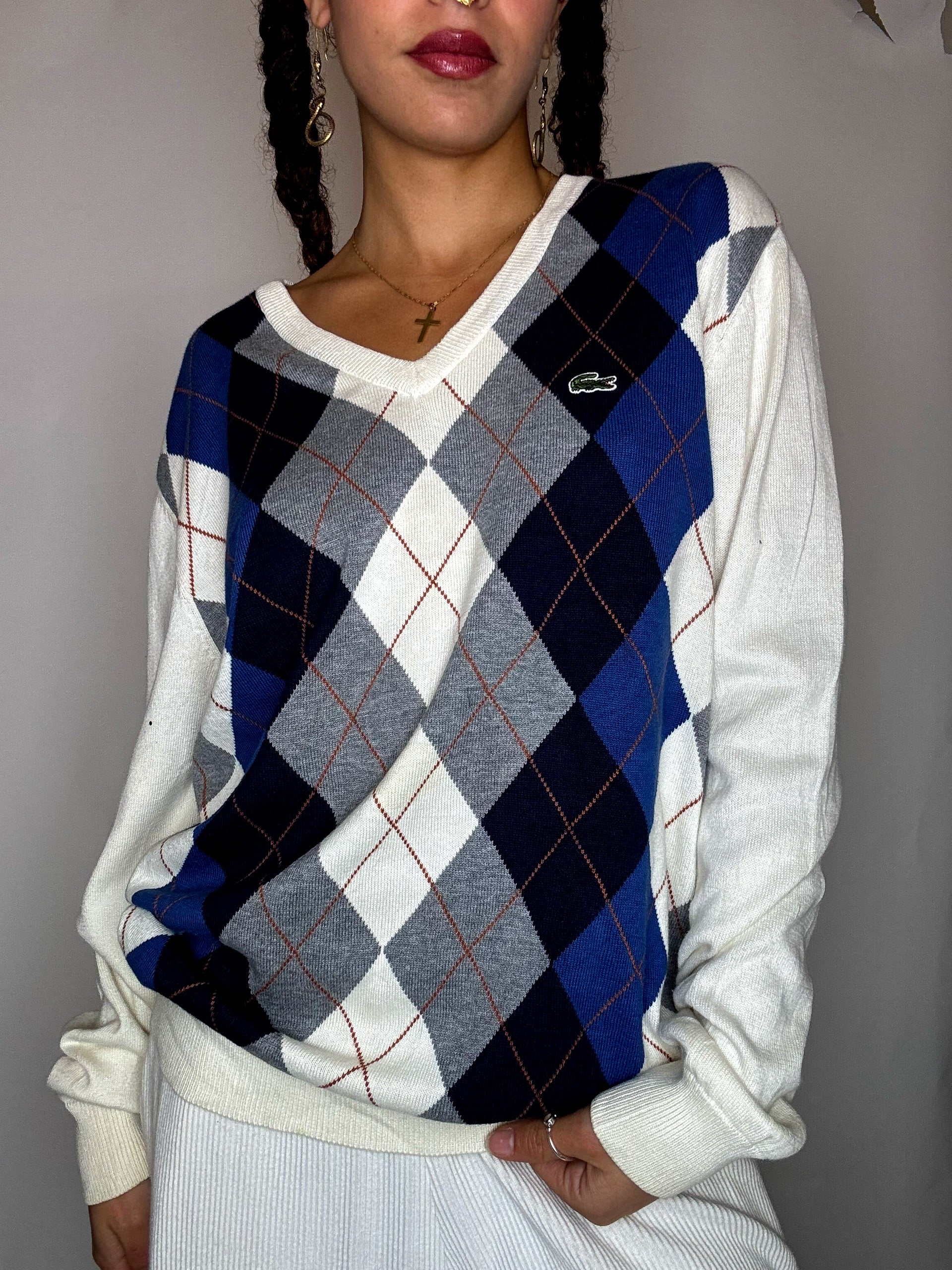 Vintage Lacoste Pullover in Creme mit Argyle-Muster, Größe M