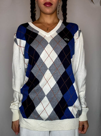 Pull motif argyle crème LACOSTE M vintage