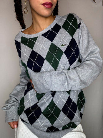 Pull motif argyle gris LACOSTE M vintage