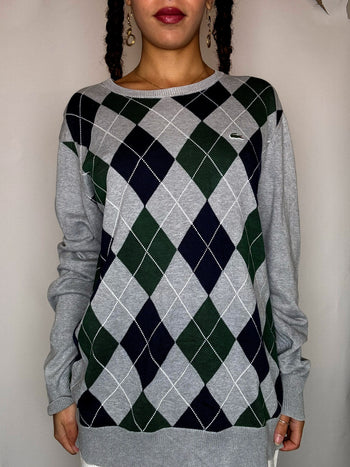 Pull motif argyle gris LACOSTE M vintage