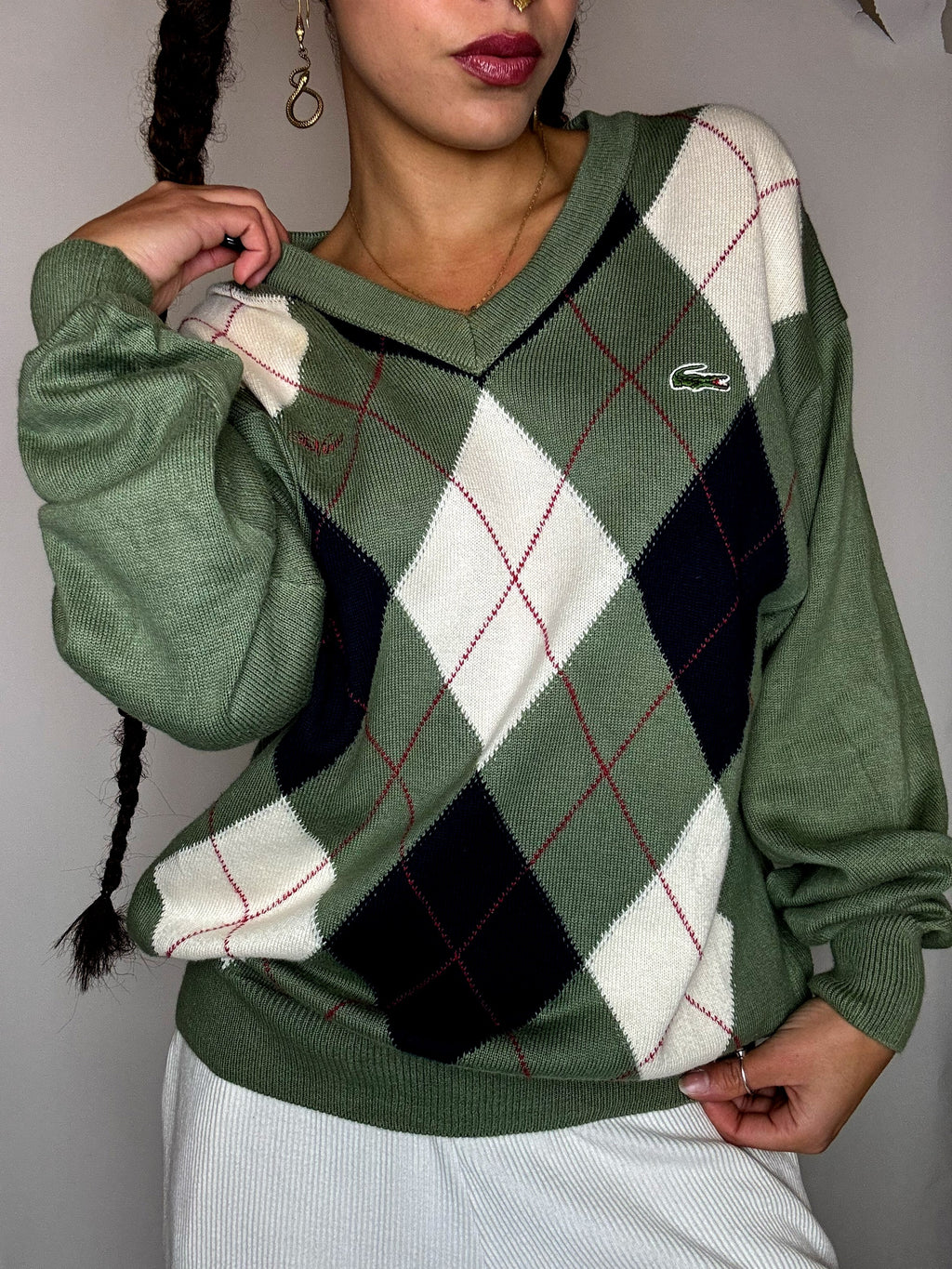 Vintage Khaki-Pullover mit Argyle-Muster von LACOSTE, Größe S/M