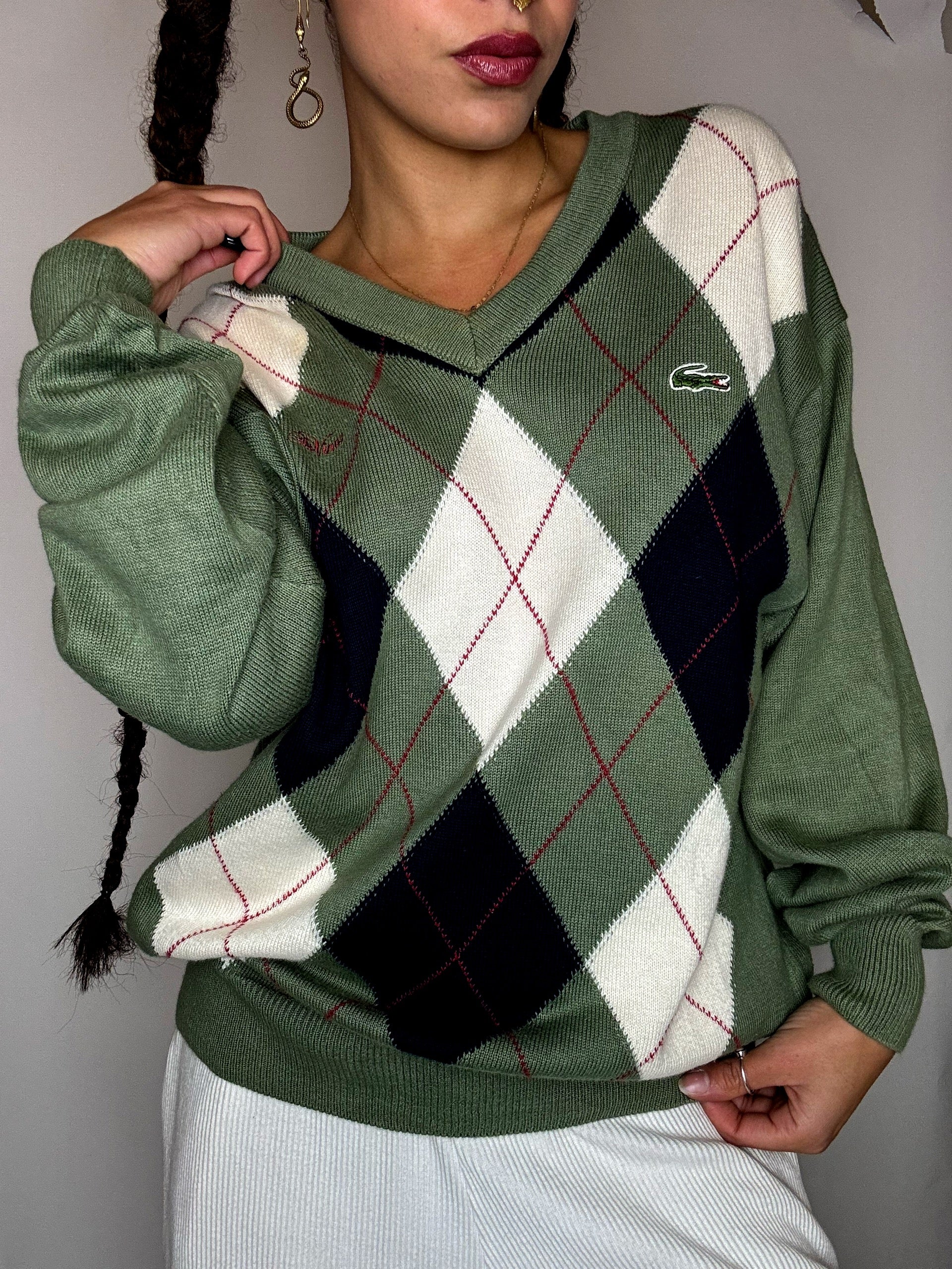 Vintage Khaki-Pullover mit Argyle-Muster von LACOSTE, Größe S/M