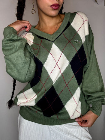 Pull motif argyle kaki LACOSTE S/M vintage