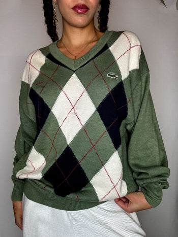 Pull motif argyle kaki LACOSTE S/M vintage