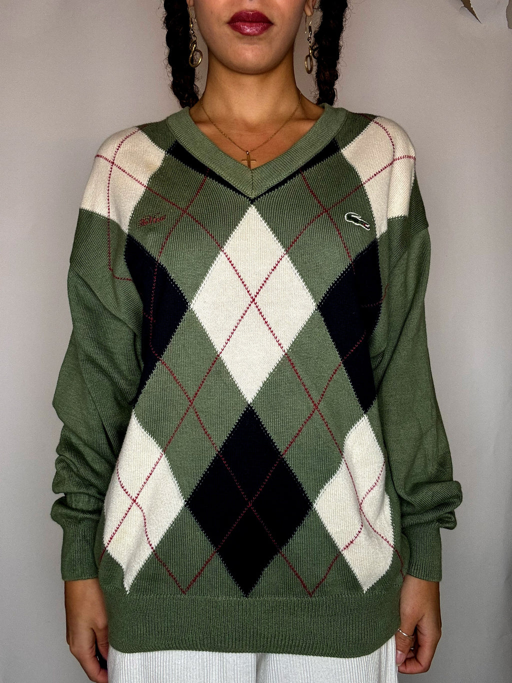 Vintage Khaki-Pullover mit Argyle-Muster von LACOSTE, Größe S/M